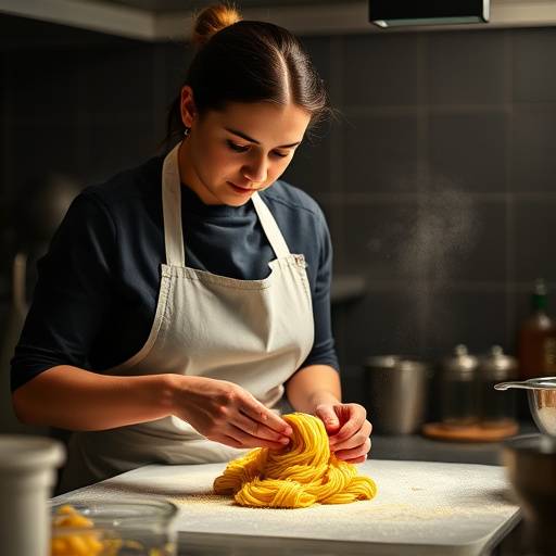 Foto di Giulia Bianchi, la sous chef, mentre prepara un piatto di pasta fresca