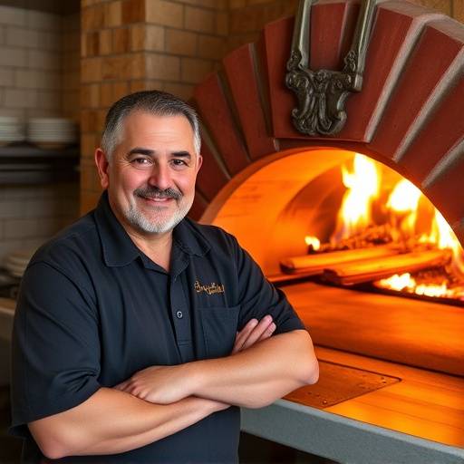 Pasquale Esposito, il fondatore del ristorante Bella Napoli, sorride orgogliosamente di fronte al suo forno a legna.