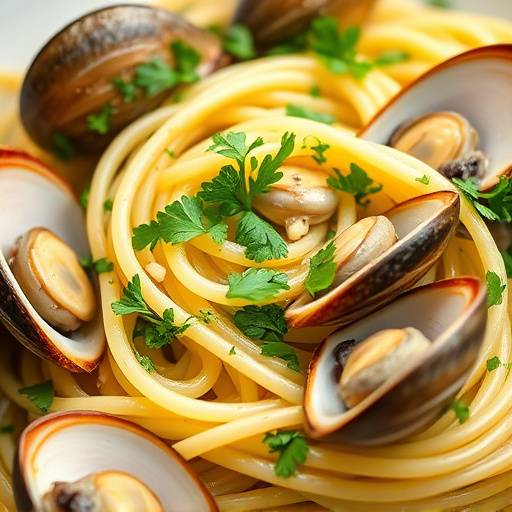 Un piatto di spaghetti alle vongole veraci, conditi con aglio, prezzemolo e un filo d'olio.