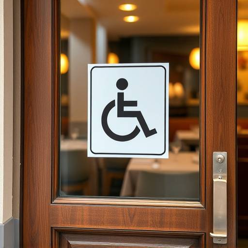 Un simbolo internazionale di accessibilit&agrave; su una porta di un ristorante, indicando l'impegno per l'accessibilit&agrave;